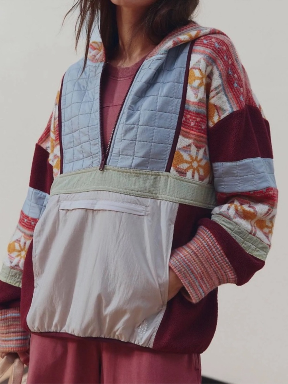 NWT Free People To The Peak Quarter Zip Pullover in Mahogany Combo